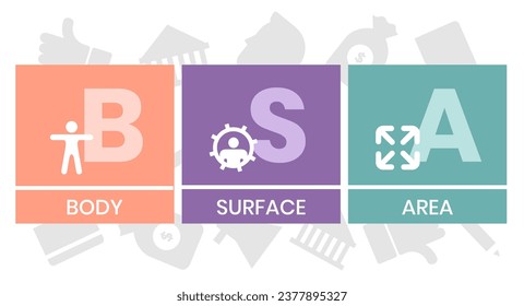 BSA - Body Surface Area acronym. business concept background. vector illustration concept with keywords and icons. lettering illustration with icons for web banner, flyer