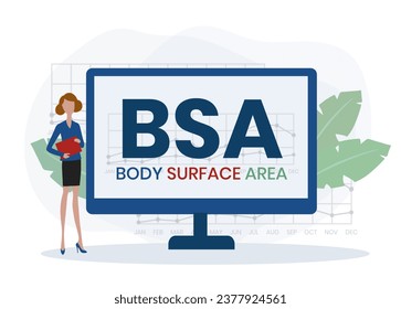 BSA - Acrónimo de superficie corporal. fondo de concepto de negocio. concepto de ilustración vectorial con palabras clave e iconos. ilustración con iconos para banner web, volante
