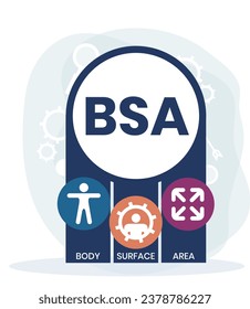 BSA - Acrónimo de superficie corporal. fondo de concepto de negocio. concepto de ilustración vectorial con palabras clave e iconos. ilustración con iconos para banner web, volante