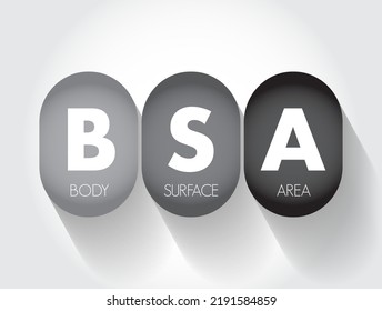 Área de superficie corporal de BSA - área de superficie medida o calculada de un cuerpo humano, fondo de concepto de texto de acrónimo