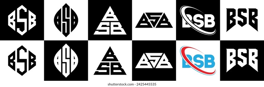 BSB letter logo design in six style. BSB polygon, circle, triangle, hexagon, flat and simple style with black and white color variation letter logo set in one artboard. BSB minimalist and classic logo