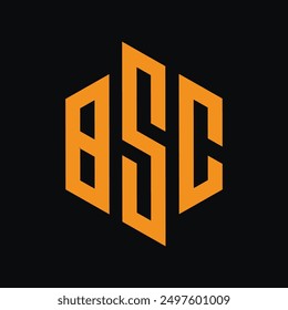 BSC letter logo design in six styles. Hexagon, flat and simple BSC with Orange color variation black background
