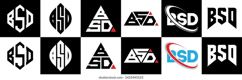 BSD letter logo design in six style. BSD polygon, circle, triangle, hexagon, flat and simple style with black and white color variation letter logo set in one artboard. BSD minimalist and classic logo