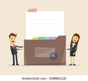 Bsiness man and business woman standing with big brown envelop and document, business contract, agreement. Paper deal