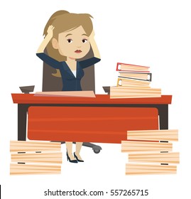 Bsiness woman in despair sitting at workplace with heaps of papers. Stressful business woman sitting at the desk with stacks of papers. Vector flat design illustration isolated on white background.