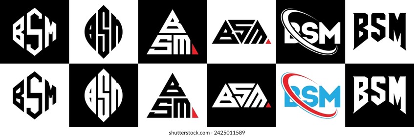 BSM letter logo design in six style. BSM polygon, circle, triangle, hexagon, flat and simple style with black and white color variation letter logo set in one artboard. BSM minimalist and classic logo