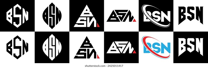 BSN letter logo design in six style. BSN polygon, circle, triangle, hexagon, flat and simple style with black and white color variation letter logo set in one artboard. BSN minimalist and classic logo
