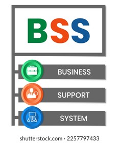 BSS - Business Support System acronym. business concept background. vector illustration concept with keywords and icons. lettering illustration with icons for web banner, flyer, landing page