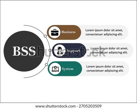 BSS - Business support system acronym. Infographic template with icons and description placeholder
