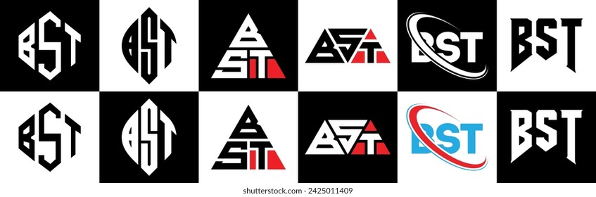 BST-Buchstaben-Logo-Design in sechs Stil. BST Polygon, Kreis, Dreieck, Sechseck, flacher und einfacher Stil mit schwarz-weißem Farbvariationsbuchstaben-Logo in einer Zeichenfläche gesetzt. BST minimalistisches und klassisches Logo