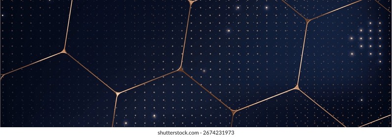 bstract dark blue background with gold hexagons and golden dots. luxury banner. vector illustration