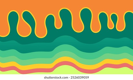 bstract design with vibrant, melted shapes in shades of orange, green, and yellow, flowing downwards over layered waves in a retro-inspired composition.