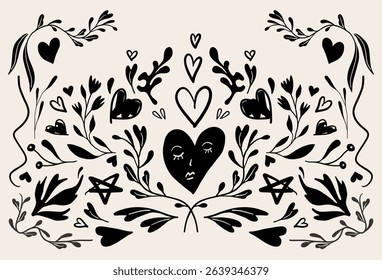 bstract doodle heart illustration. Folk art style Valentines day hearts, flower and plants. Isolated vector objects.