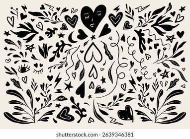 bstract doodle heart illustration. Folk art style Valentines day hearts, flower and plants. Isolated vector objects.