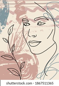 bstract face art line drawing. Man Woman fashion portrait, doddle hand sketch. Minimal poster. Contemporary trendy design for placards, flyers, brochures, invitations.