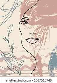 bstract face art line drawing. Man Woman fashion portrait, doddle hand sketch. Minimal poster. Contemporary trendy design for placards, flyers, brochures, invitations.