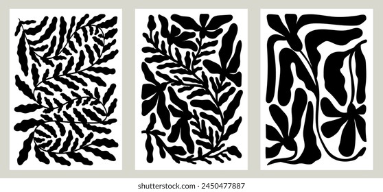 bstract flower art set or collection. Floral organic doodle shapes in trendy naive retro style. Contemporary posters or placard and backgrounds. Floral botanic vector illustrations in black colors.
