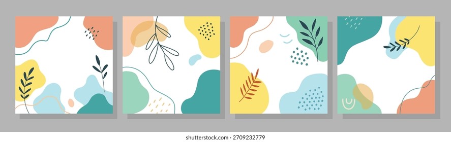 bstract geometric backgrounds with organic shapes, soft pastel colors and botanical line accents. Modern minimalist design perfect for social media templates, branding and creative projects.