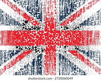Ilustración abstracta de la bandera de Union Jack grunge con textura punteada y efecto rayado angustiado