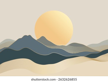 Fondo abstracto del paisaje con líneas que fluyen del oro y un sol dorado
