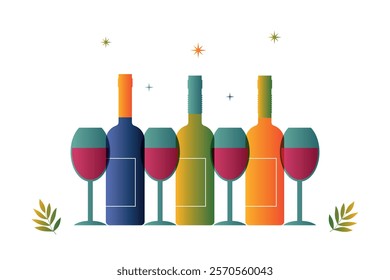 bstract modern vector illustration with wine bottles, glasses. Wine tasting illustration, restaurant menu, celebration invitation.