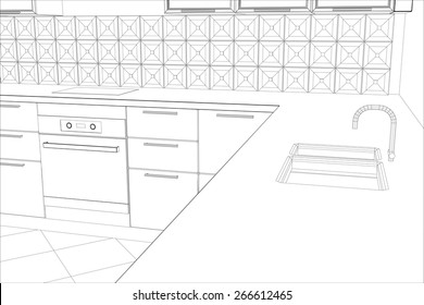 bstract sketch design of interior kitchen. Illustration created of 3d.