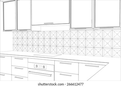 bstract sketch design of interior kitchen. Illustration created of 3d.