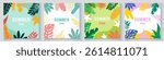 bstract square tropical leaf cards with bright colors. Minimalist summer design for posters, invitations, banners, branding, and ads. Perfect for seasonal marketing projects