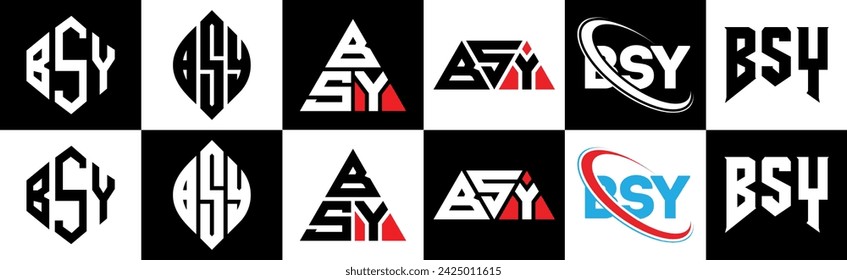 Diseño del logotipo de la letra BSY en seis estilos. BSY polígono, círculo, triángulo, hexágono, estilo plano y simple con el logotipo de la letra de la variación del color blanco y negro establecido en una mesa de trabajo. Logo BSY minimalista y clásico