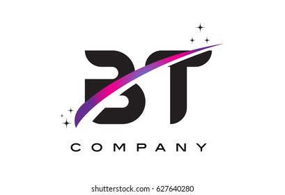 BT B T Black Letter Logo Design with Purple Magenta Swoosh and Stars.