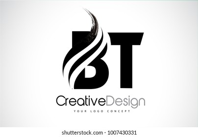 BT B T Creative Modern Black Letters Logo Design with Brush Swoosh