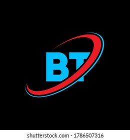 Diseño del logotipo de la letra BT B T. Letra inicial del logotipo del monograma superior del círculo enlazado BT rojo y azul. Logo de BT, diseño de B T. bt, b t