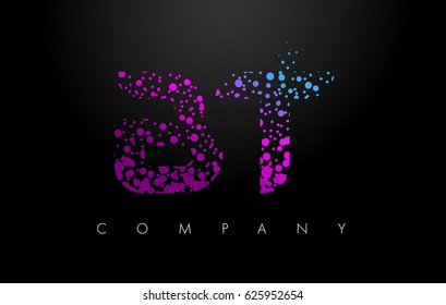 BT B T Letter Logo with Purple Blue Particles and Bubble Dots Design Vector.