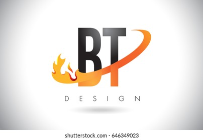 BT B T Letter Logo Design with Fire Flames and Orange Swoosh Vector Illustration.
