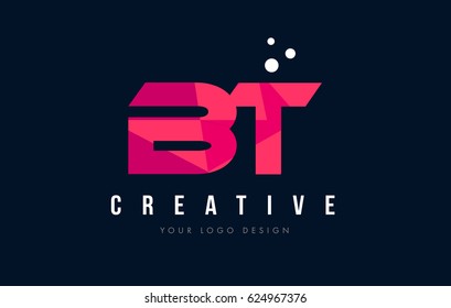 BT B T Purple Letter Logo Design with Low Poly Pink Triangles Concept