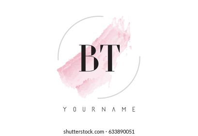 BT B T Watercolor Letter Logo Design with Circular Shape and Pastel Pink Brush.