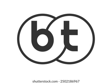 BT business company emblem with outline rounds and letters b t. Logo template of two merged circles for brand identity, logotype. Vector Infinity symbol  and technology sign.