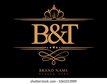 B&T Initial logo, Ampersand initial logo gold with crown and classic pattern