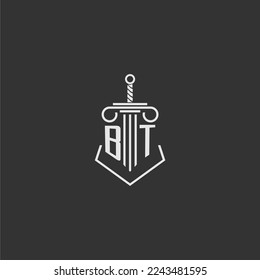 BT initial monogram law firm with sword and pillar logo design