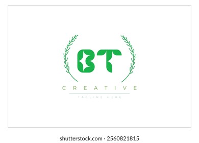 BT letters eco logo with leaf. Fresh nature and healthy leaf logo design.