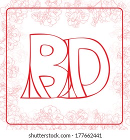 BT monogram in an orchids frame, red letters illustration on white
