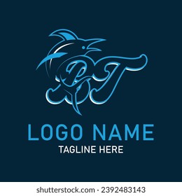 BT shark logo design vector. Cartoon shark mascot on navy background. 
Shark esport mascot logo design. Editable letter shark logo design for company