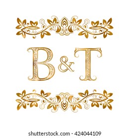 B&T vintage initials logo symbol. Letters B, T, ampersand surrounded floral ornament. Wedding or business partners initials monogram in royal style.