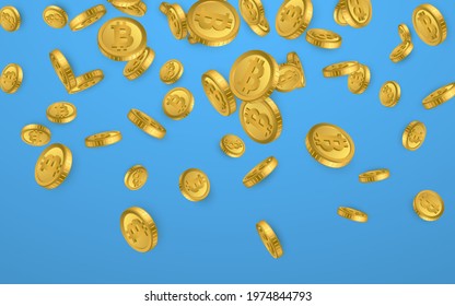 BTC. Bitcoin gold coins explosion isolated on blue background. Cryptocurrency concept. Vector illustration.