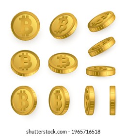 BTC. Monedas de oro de bitcoin aisladas de fondo blanco. Concepto de criptodivisa. Ilustración vectorial.