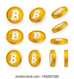 BTC. Bitcoin orange coins set isolated on white background. Cryptocurrency concept. Vector illustration.