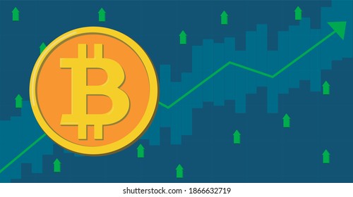 Apreciación del precio de la moneda única o de bitcoin. ilustración vectorial que muestra una gran moneda amarilla con precios en alza. en el gráfico azul de fondo con flechas verdes. espacio de copia, área de texto