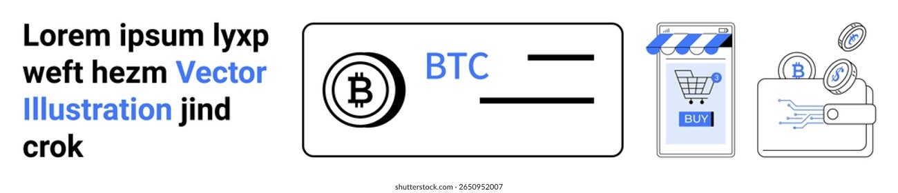 BTC moeda, cartão de crédito, loja móvel com botão COMPRAR e carteira com moedas. Ideal para fintech, e-commerce, criptomoeda, carteiras digitais, tecnologia blockchain, banco online, aplicativos financeiros