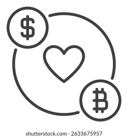 BTC and Dollar with Heart vector Crypto Traders and Investors concept icon or symbol in outline style