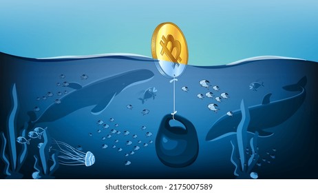 BTC gold coin is pulled to bottom of ocean with heavy weight where whales are waiting. Sinking bitcoin in ocean with marine life. Vector illustration.